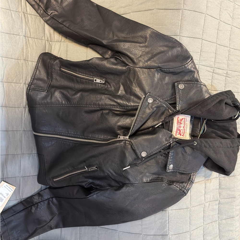 Levi’s Black Leather Jacket with Hood - Child Small